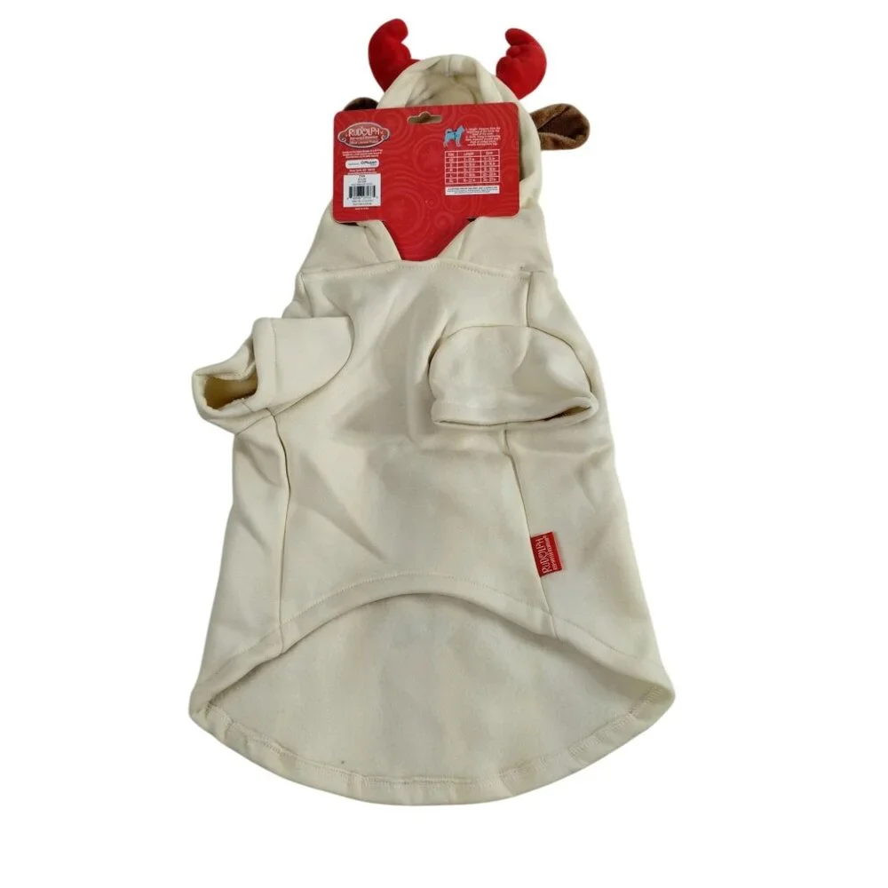 Rudolph The Red-Nosed Reindeer Dog Size M Beige Hoodie With Reindeer Antlers